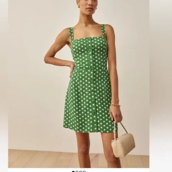 Reformation Antonella Mini Dress Green White Floral Button Front Square … - Picture 1 of 9